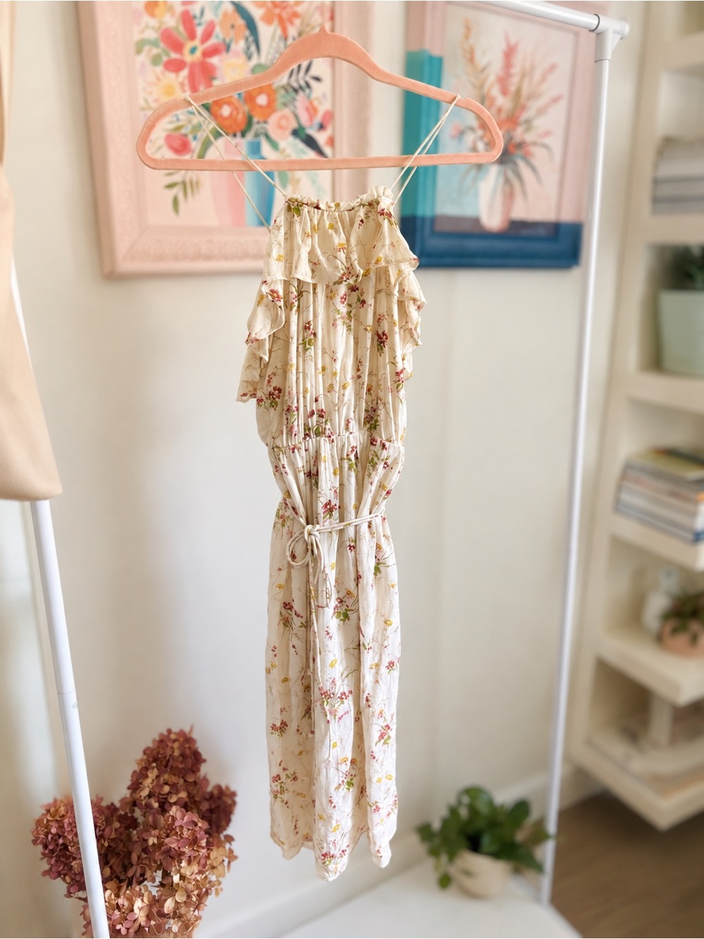 Zara Cream Floral Ruffle Midi Dress